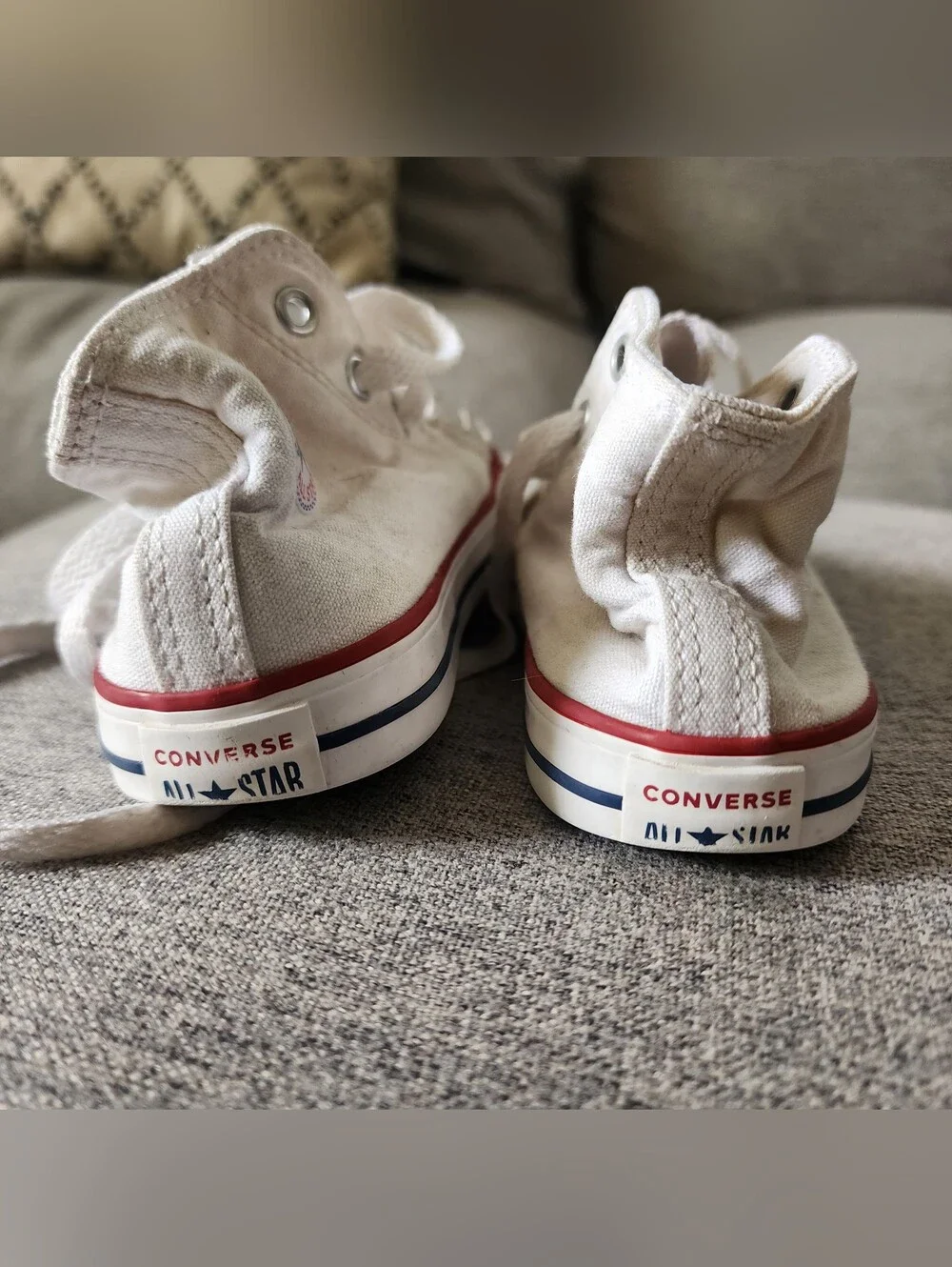 Toddler Converse White High Top Sneakers with Red & Blue Trim